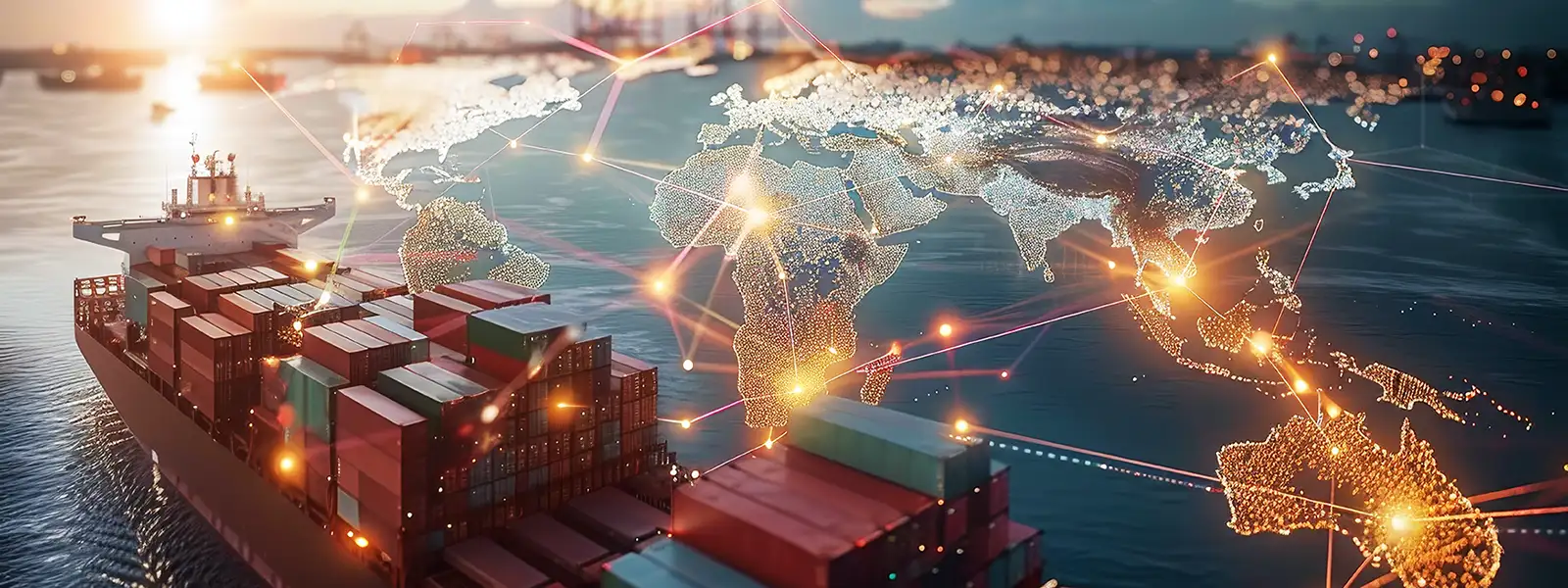 Ship loaded with shipping containers and interconnected world map