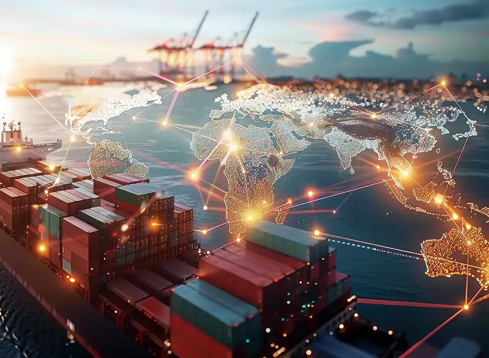 Ship loaded with shipping containers and interconnected world map